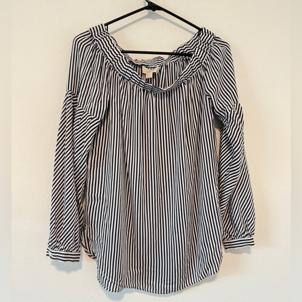 MICHAEL Michael Kors 100% Silk Navy Blue White Striped Off Shoulder Blouse Small